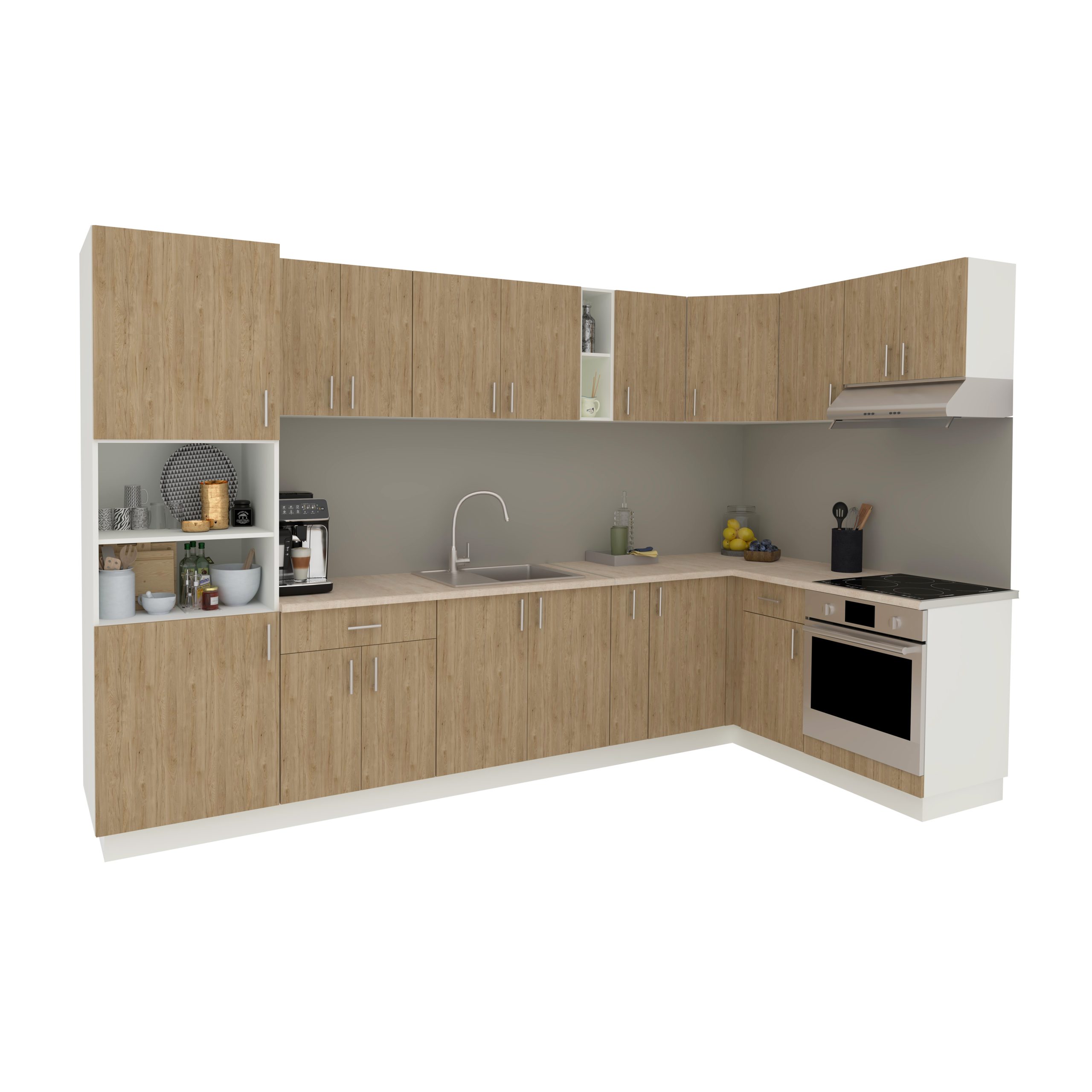 Set Bucatarie Colt Karo V35, Lemn Natural/Alb, Blat Thermo 28 mm, L 280 x 220 cm Set Bucatarie Colt Karo V35, Lemn Natural/Alb, Blat Thermo 28 mm, L 280 x 220 cm