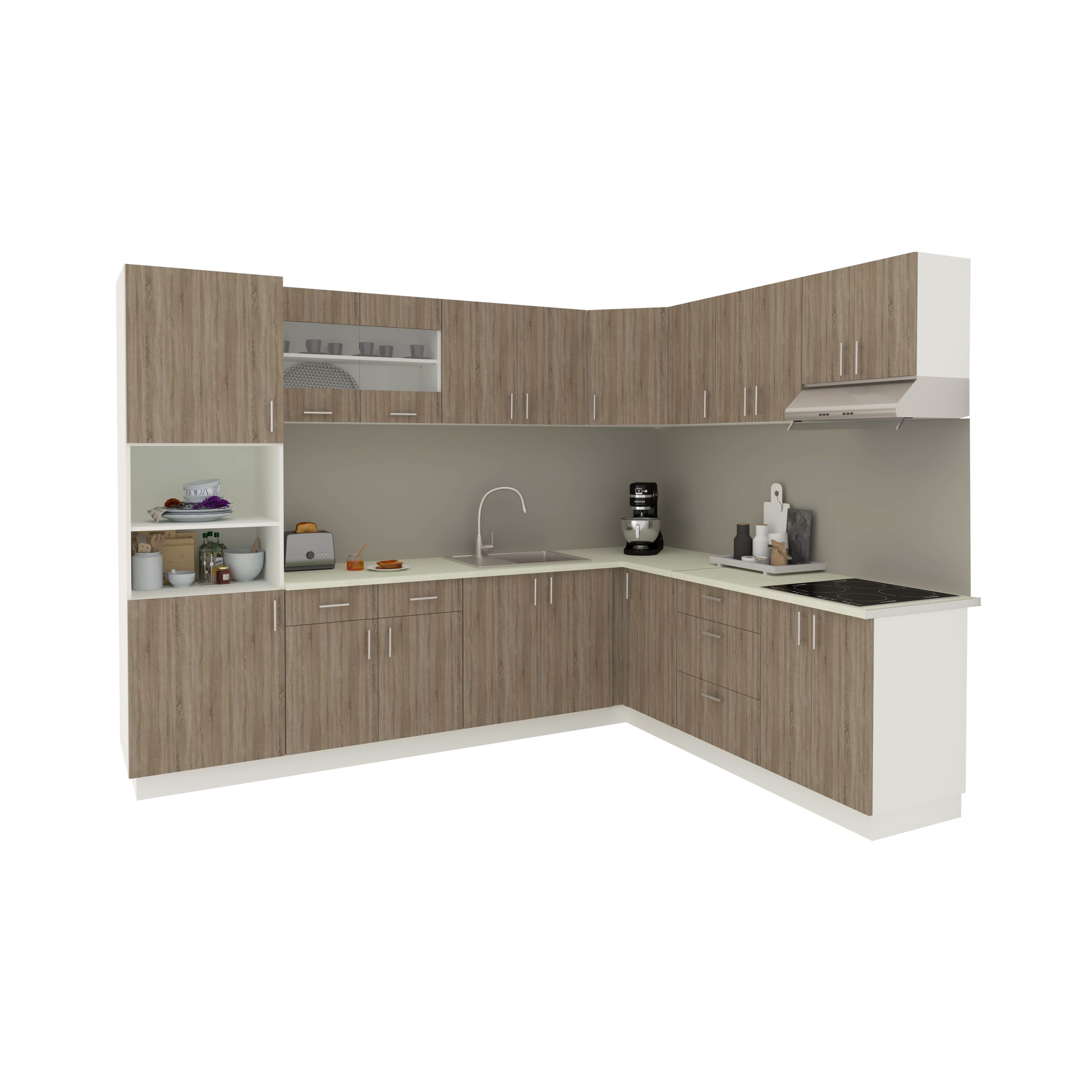 Set Bucatarie Colt Karo V36, Stejar Sonoma Inchis/Alb, Blat Thermo 28 mm, L 320 x 160 cm Set Bucatarie Colt Karo V36, Stejar Sonoma Inchis/Alb, Blat Thermo 28 mm, L 320 x 160 cm