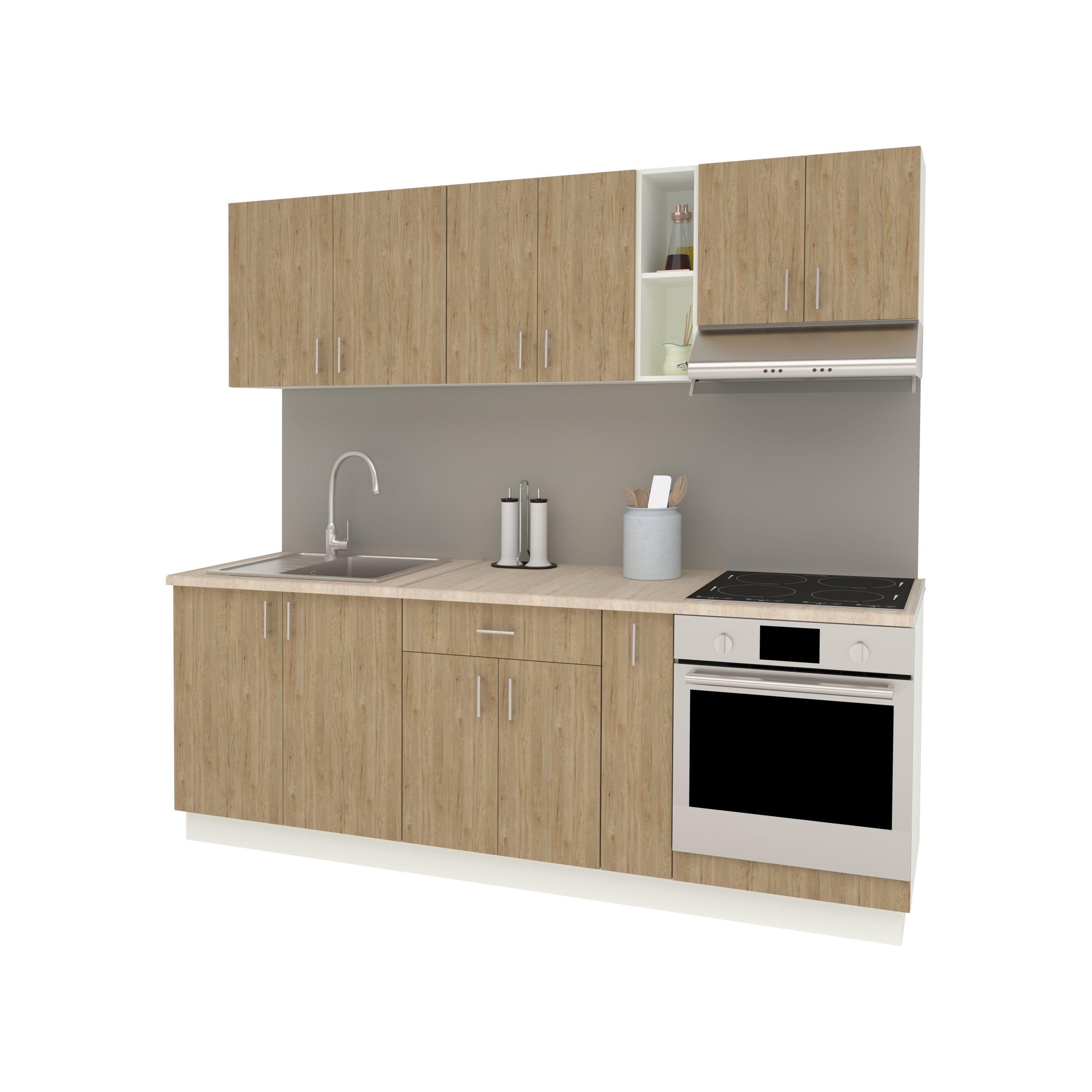 Set Bucatarie Karo V14, Lemn Natural/Alb, Blat Thermo 28 mm, L 220 cm Set Bucatarie Karo V14, Lemn Natural/Alb, Blat Thermo 28 mm, L 220 cm