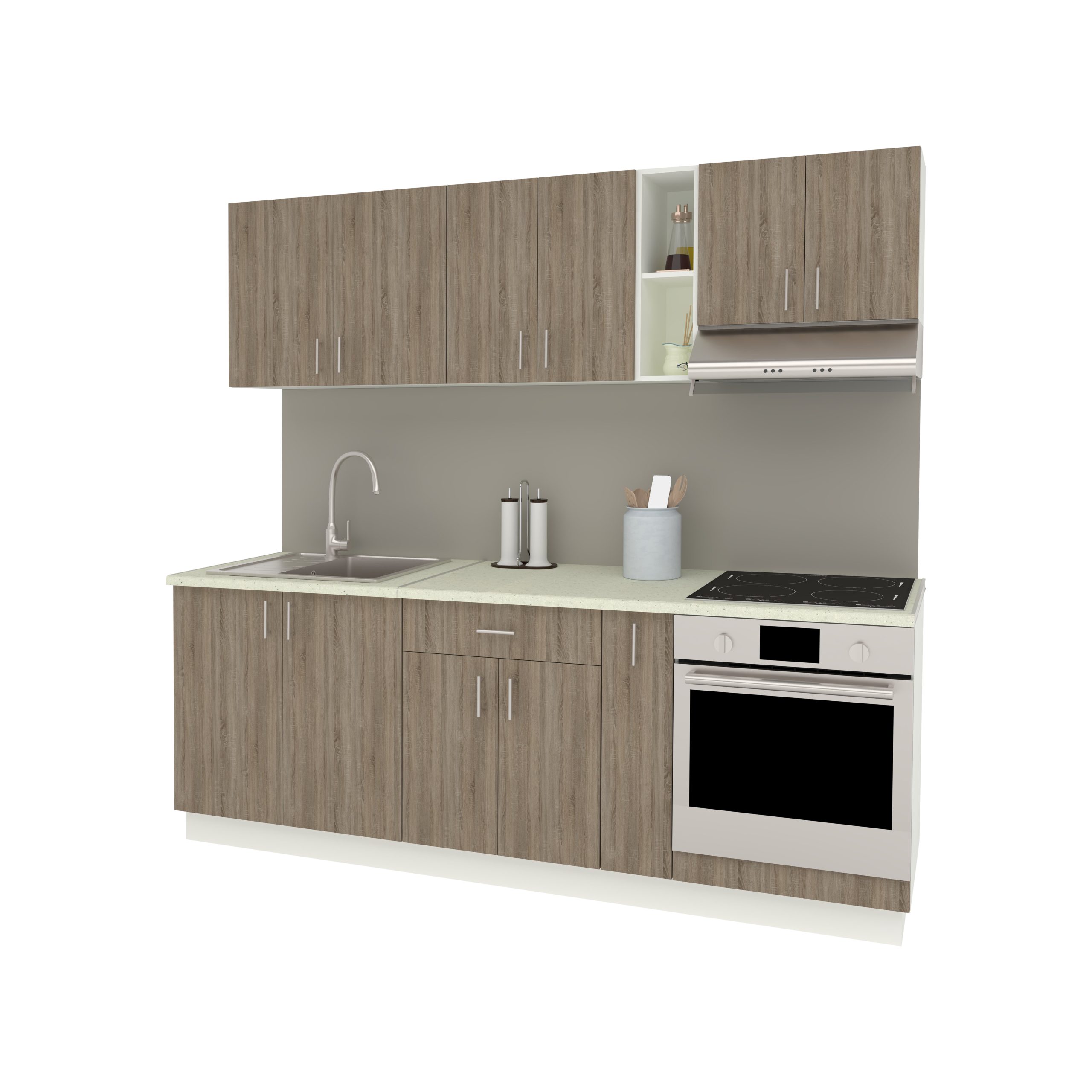 Set Bucatarie Karo V14, Stejar Sonoma Inchis/Alb, Blat Thermo 28 mm, L 220 cm Set Bucatarie Karo V14, Stejar Sonoma Inchis/Alb, Blat Thermo 28 mm, L 220 cm