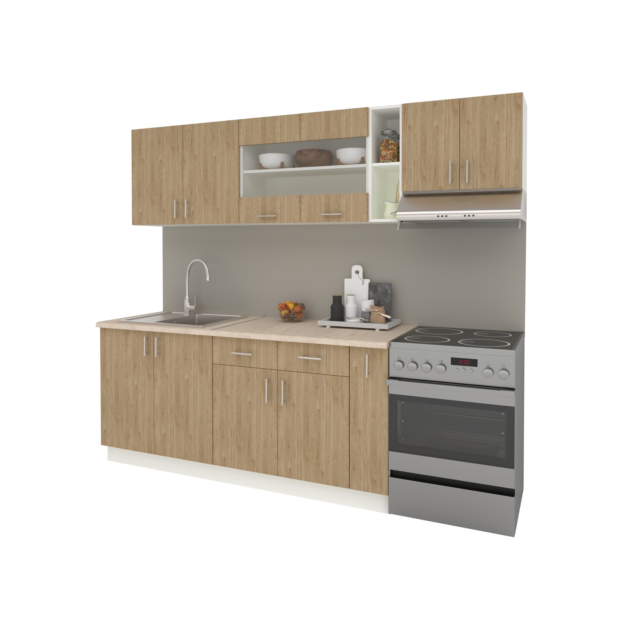 Set Bucatarie Karo V16, Lemn Natural/Alb, Blat Thermo 28 mm, L 240 cm Set Bucatarie Karo V16, Lemn Natural/Alb, Blat Thermo 28 mm, L 240 cm