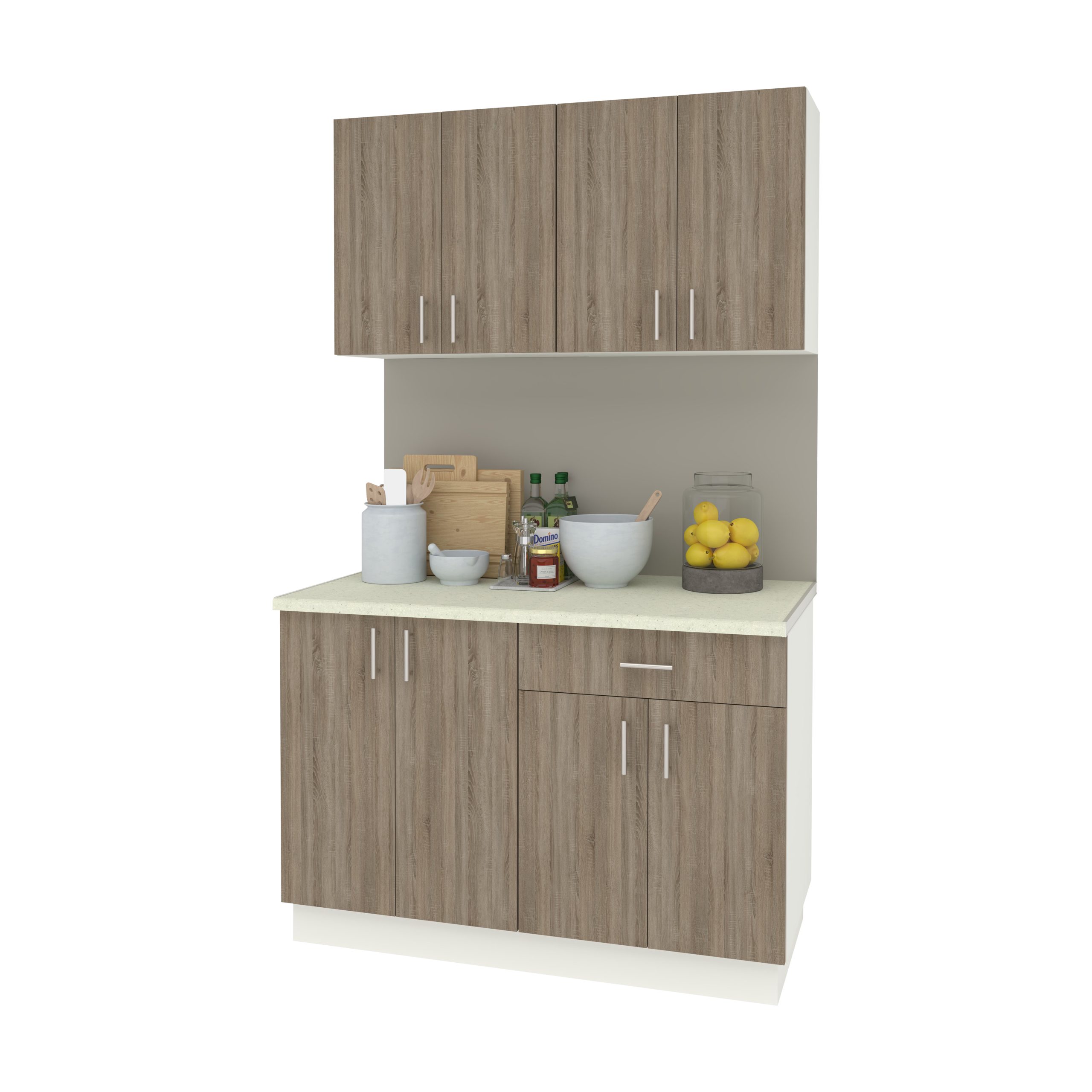 Set Bucatarie Karo V2, Stejar Sonoma Inchis/Alb, Blat Thermo 28 mm, L 120 cm Set Bucatarie Karo V2, Stejar Sonoma Inchis/Alb, Blat Thermo 28 mm, L 120 cm