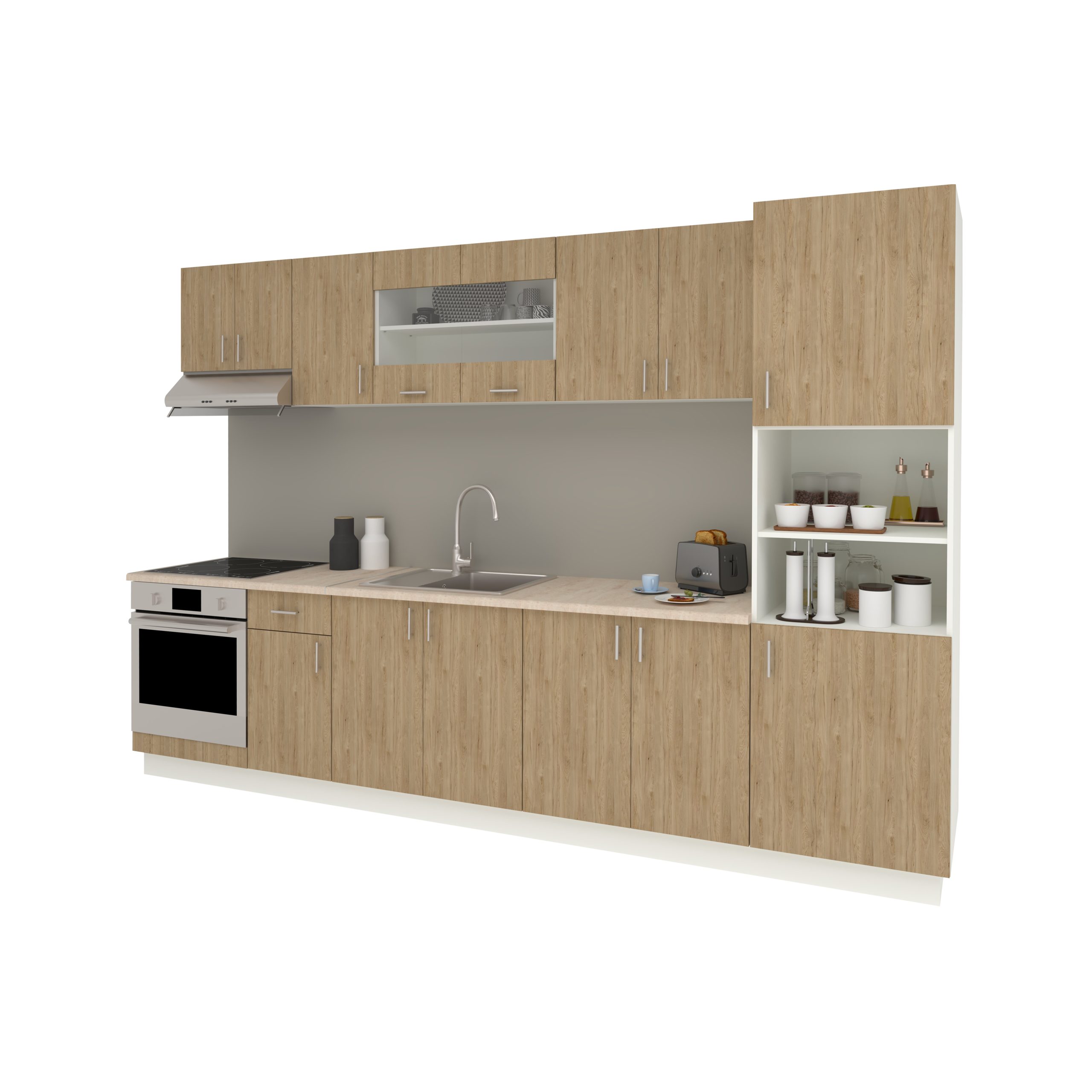 Set Bucatarie Karo V30, Lemn Natural/Alb, Blat Thermo 28 mm, L 320 cm Set Bucatarie Karo V30, Lemn Natural/Alb, Blat Thermo 28 mm, L 320 cm
