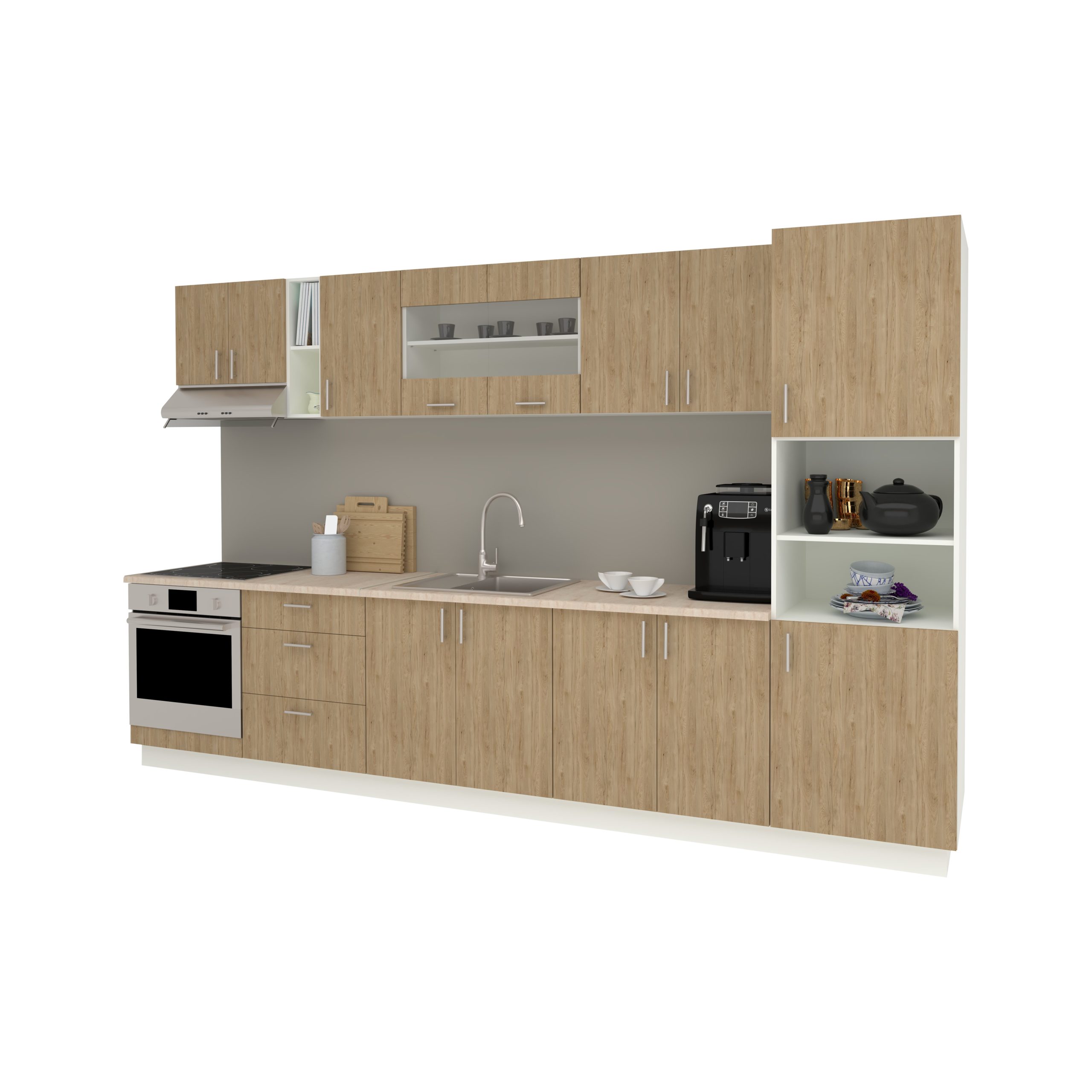 Set Bucatarie Karo V31, Lemn Natural/Alb, Blat Thermo 28 mm, L 340 cm Set Bucatarie Karo V31, Lemn Natural/Alb, Blat Thermo 28 mm, L 340 cm