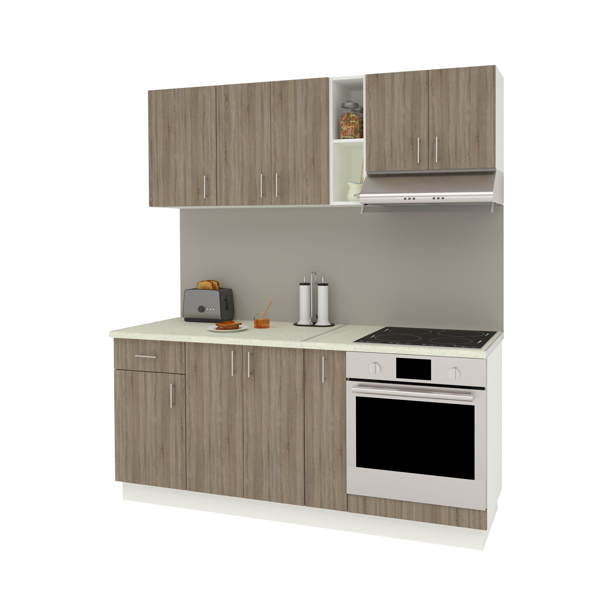 Set Bucatarie Karo V9, Stejar Sonoma Inchis/Alb, Blat Thermo 28 mm, L 180 cm Set Bucatarie Karo V9, Stejar Sonoma Inchis/Alb, Blat Thermo 28 mm, L 180 cm