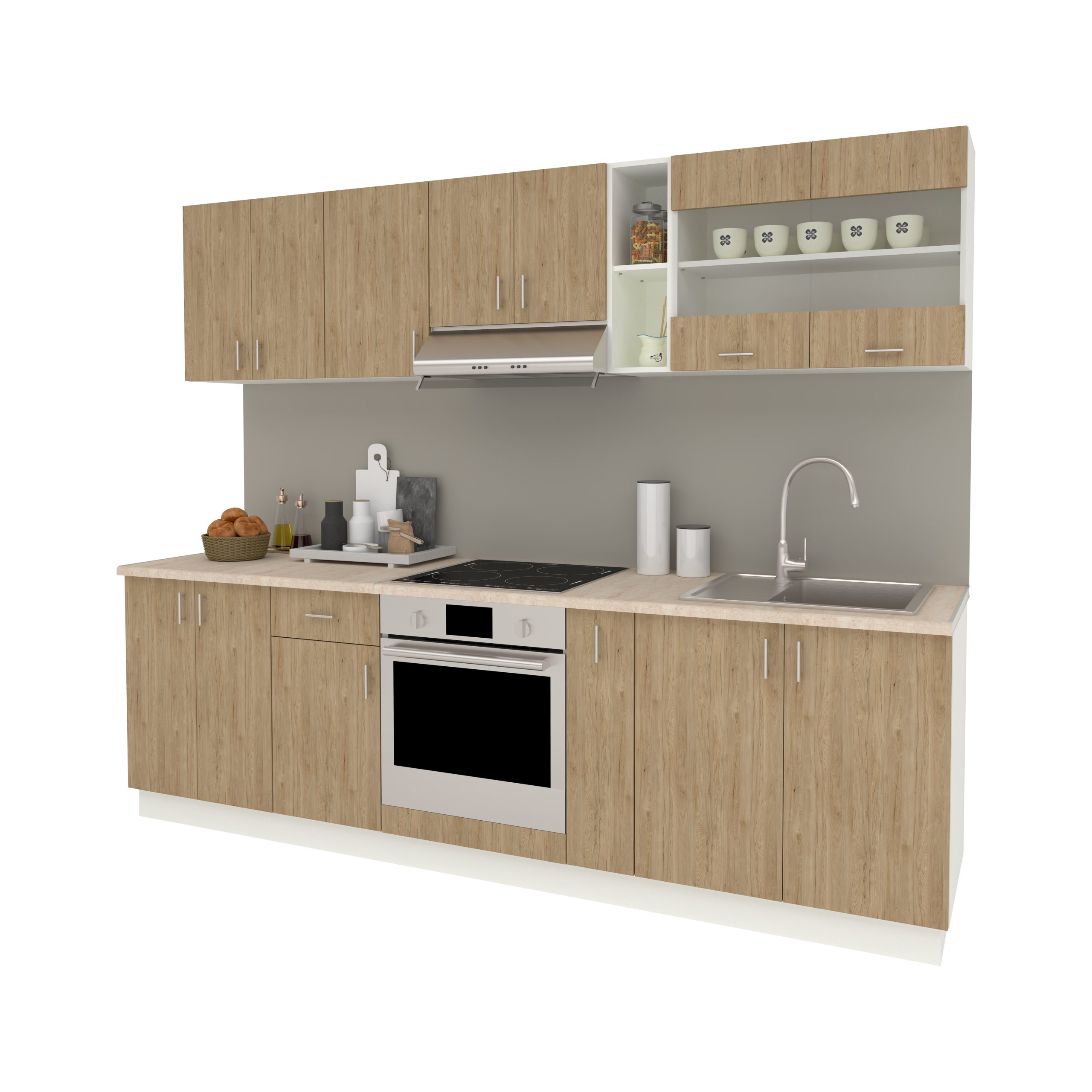Set Bucatarie Karo V19, Lemn Natural/Alb, Blat Thermo 28 mm, L 260 cm Set Bucatarie Karo V19, Lemn Natural/Alb, Blat Thermo 28 mm, L 260 cm