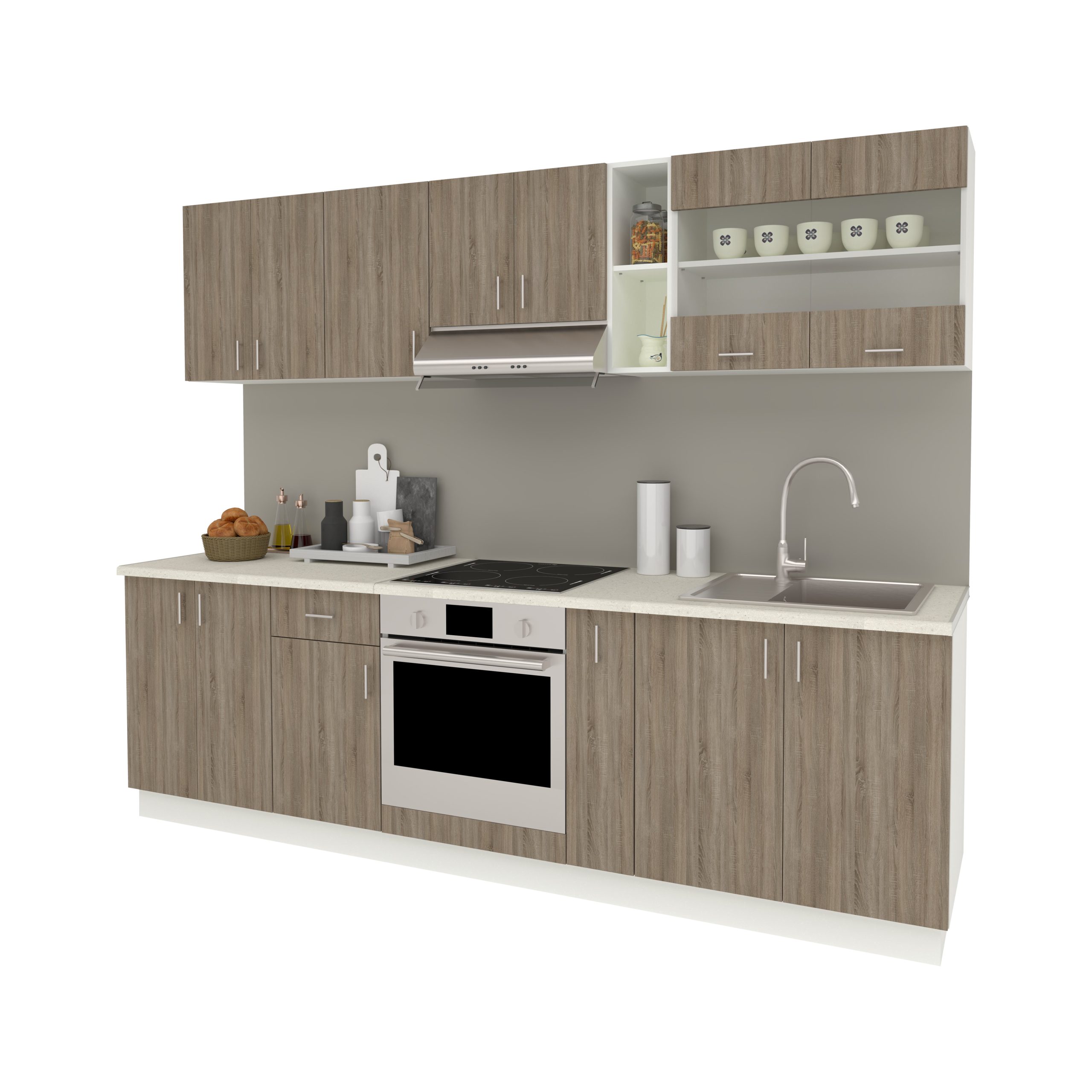 Set Bucatarie Karo V19, Stejar Sonoma Inchis/Alb, Blat Thermo 28 mm, L 260 cm Set Bucatarie Karo V19, Stejar Sonoma Inchis/Alb, Blat Thermo 28 mm, L 260 cm
