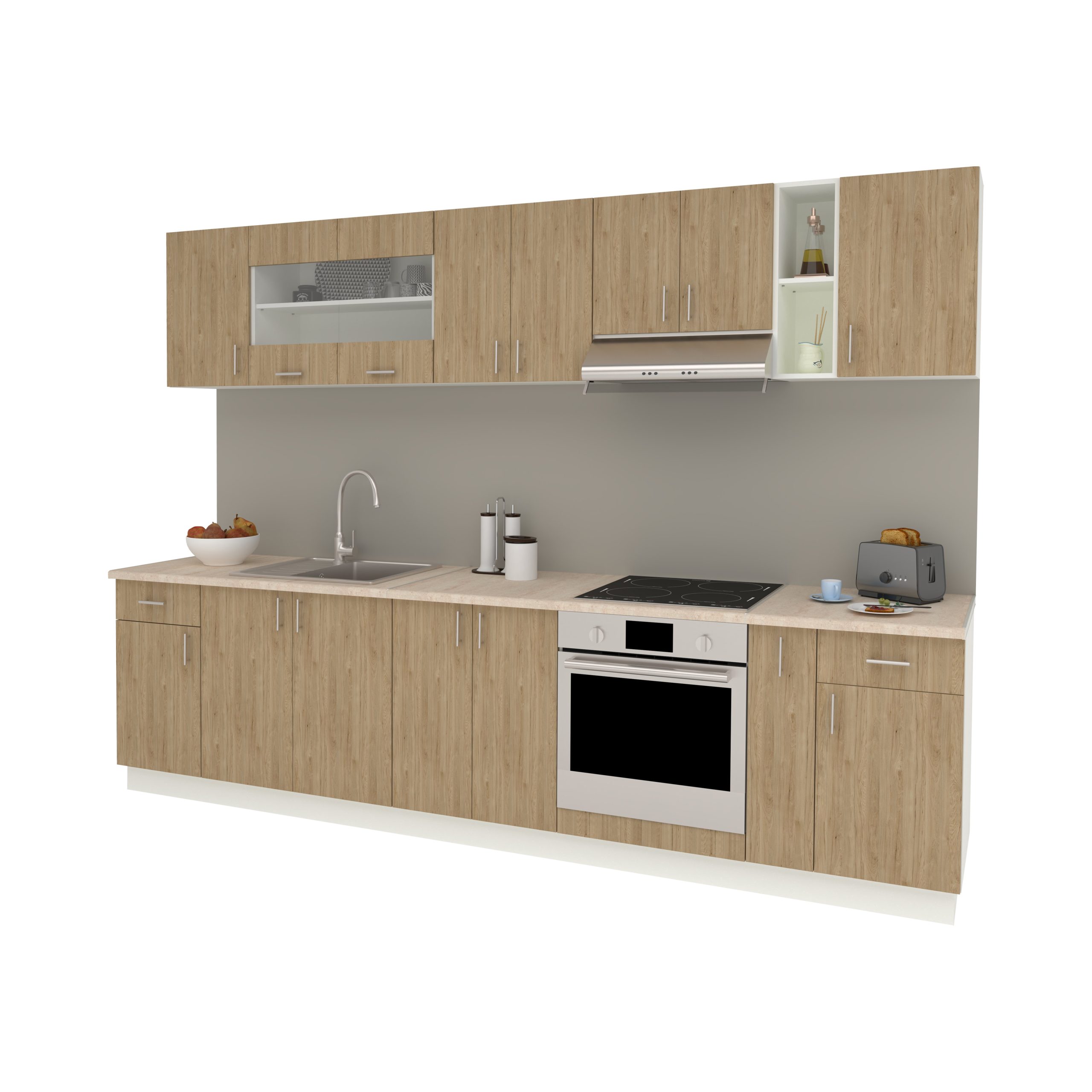 Set Bucatarie Karo V25, Lemn Natural/Alb, Blat Thermo 28 mm, L 300 cm Set Bucatarie Karo V25, Lemn Natural/Alb, Blat Thermo 28 mm, L 300 cm