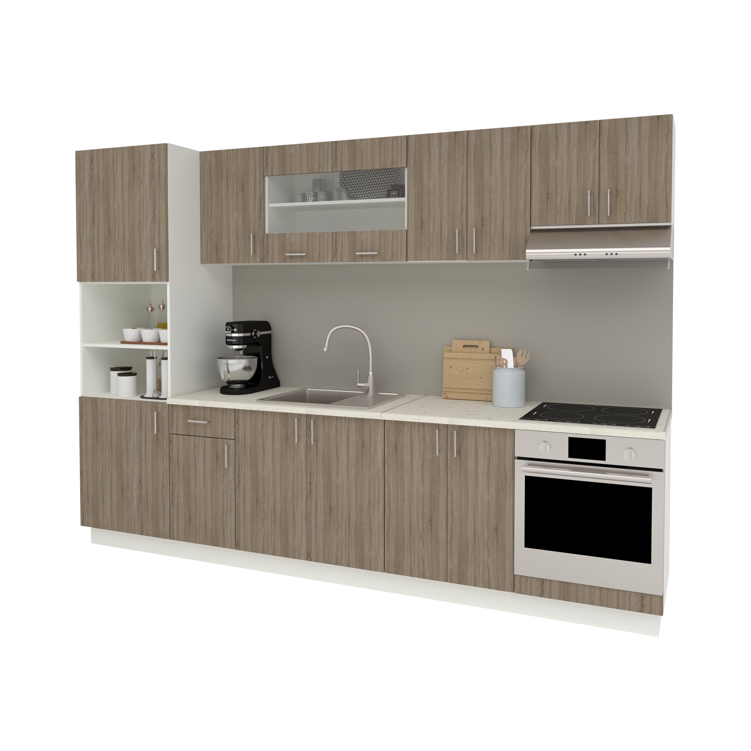 Set Bucatarie Karo V27, Stejar Sonoma Inchis/Alb, Blat Thermo 28 mm, L 300 cm Set Bucatarie Karo V27, Stejar Sonoma Inchis/Alb, Blat Thermo 28 mm, L 300 cm