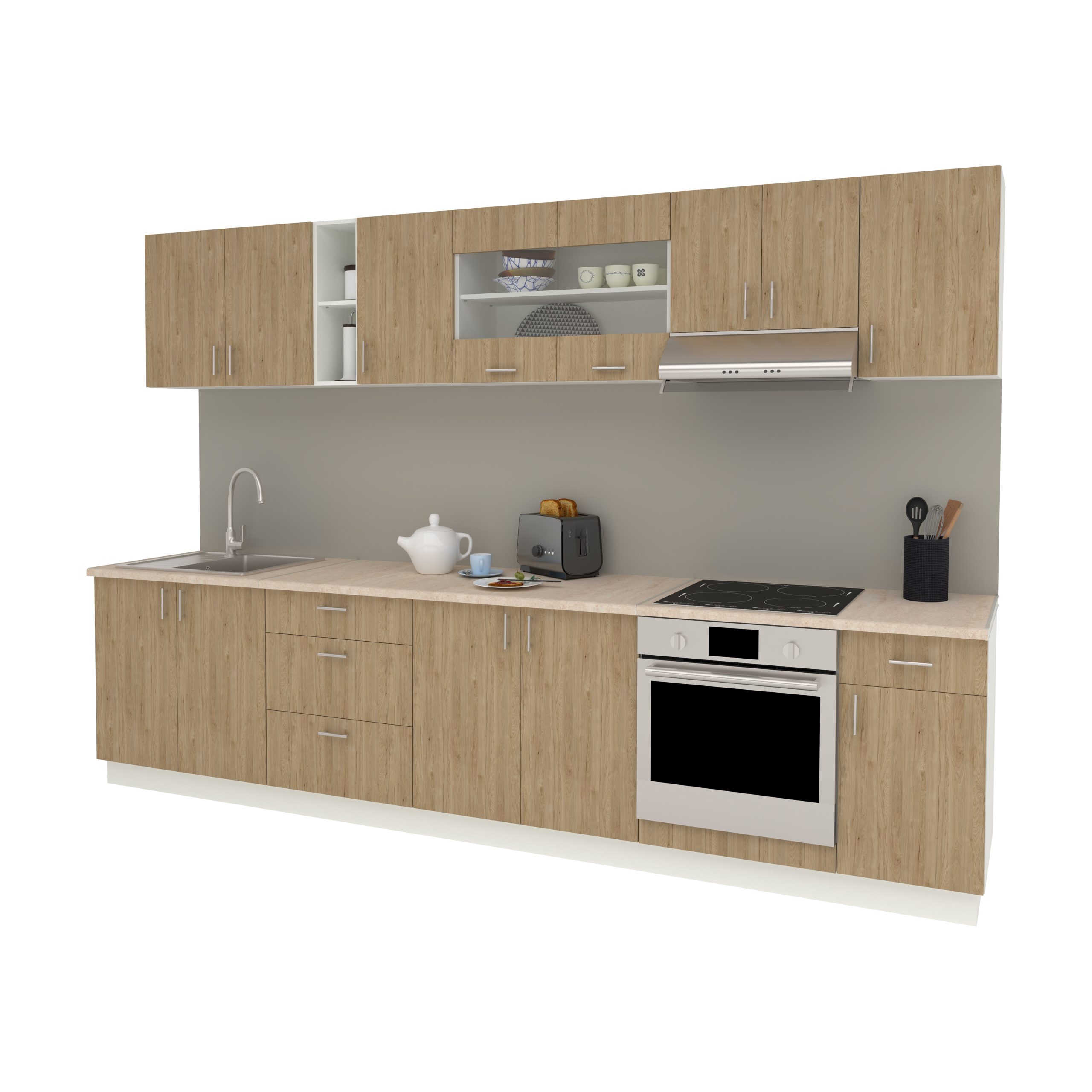Set Bucatarie Karo V28, Lemn Natural/Alb, Blat Thermo 28 mm, L 320 cm Set Bucatarie Karo V28, Lemn Natural/Alb, Blat Thermo 28 mm, L 320 cm