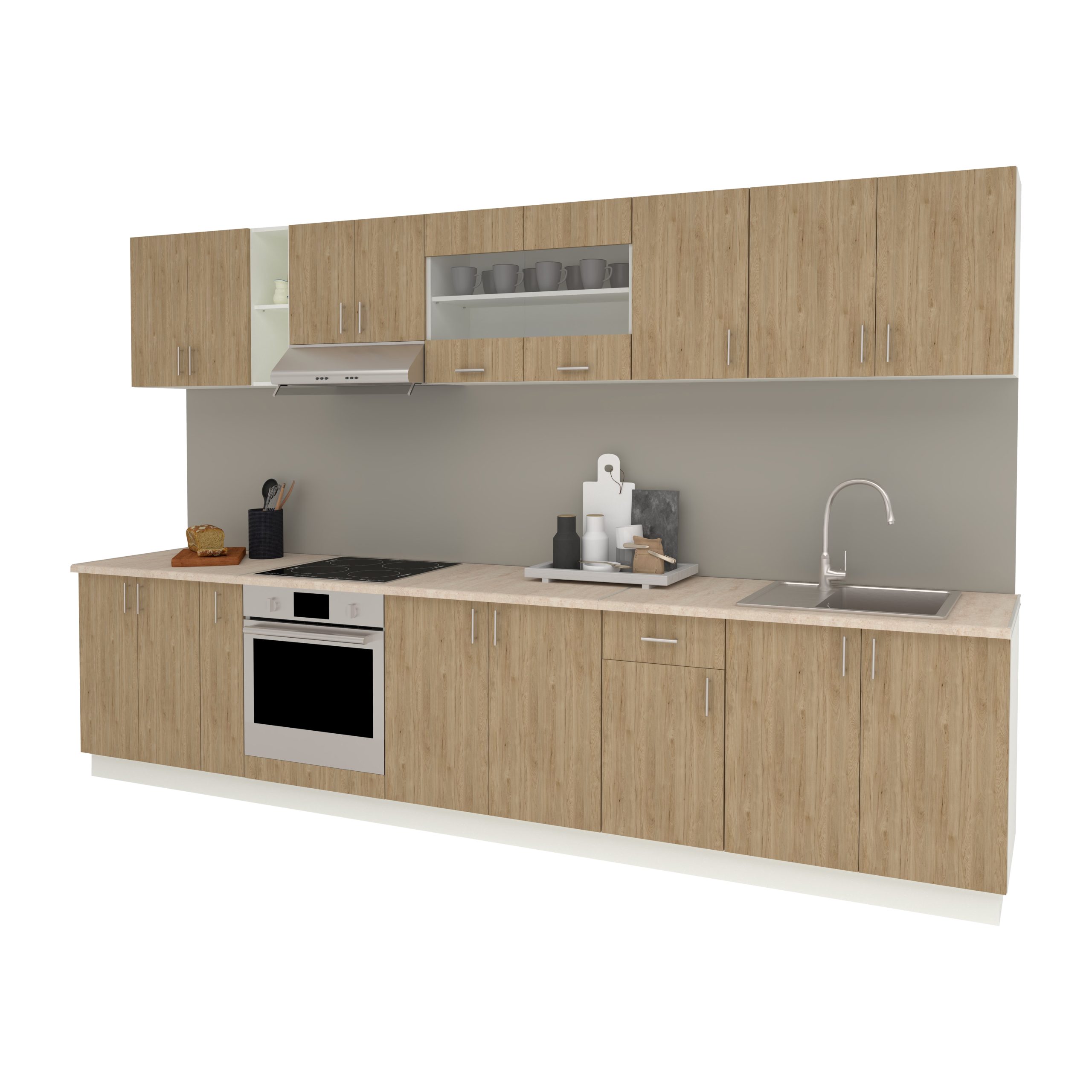 Set Bucatarie Karo V32, Lemn Natural/Alb, Blat Thermo 28 mm, L 340 cm Set Bucatarie Karo V32, Lemn Natural/Alb, Blat Thermo 28 mm, L 340 cm