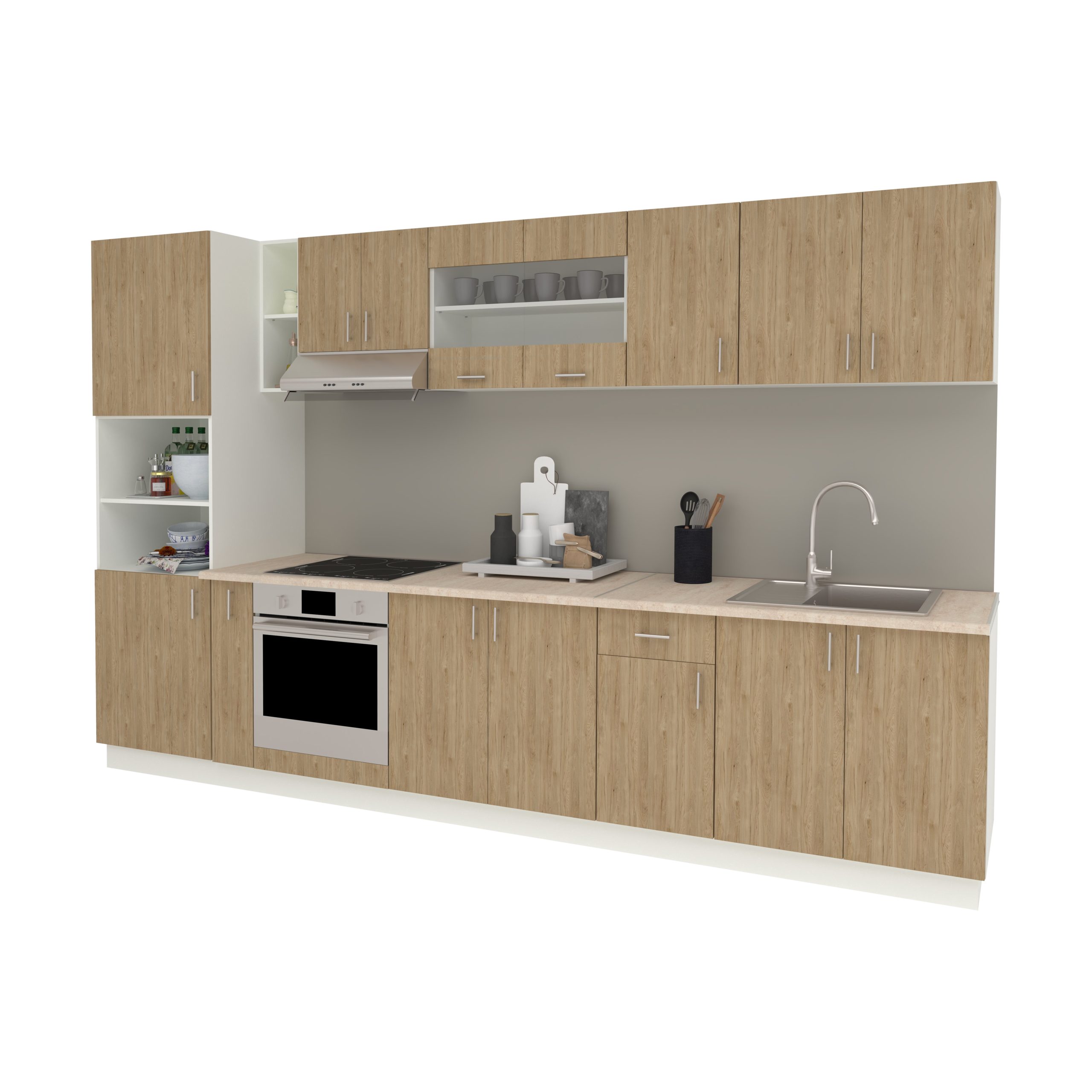 Set Bucatarie Karo V33, Lemn Natural/Alb, Blat Thermo 28 mm, L 340 cm Set Bucatarie Karo V33, Lemn Natural/Alb, Blat Thermo 28 mm, L 340 cm