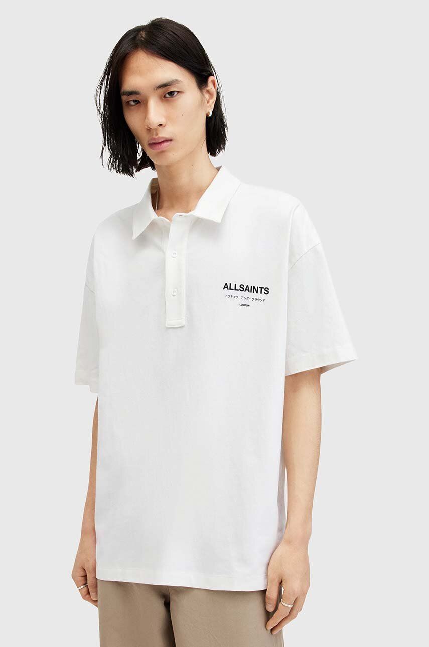 AllSaints polo de bumbac UNDERGROUND SS POLO culoarea negru, cu imprimeu, M047PA AllSaints polo de bumbac UNDERGROUND SS POLO culoarea negru, cu imprimeu, M047PA