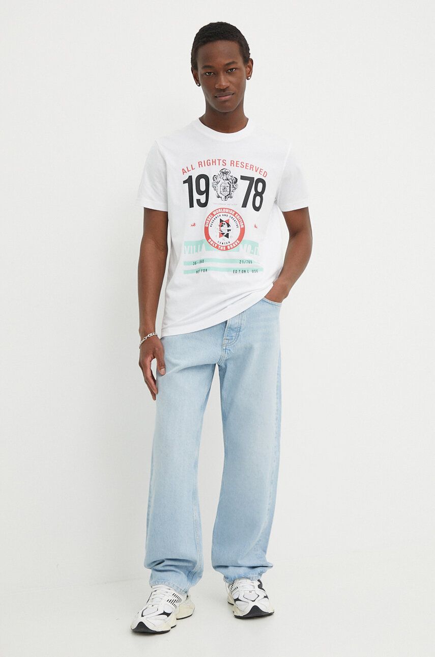 Diesel tricou din bumbac T-DIEGOR-K73 bărbați, culoarea alb, cu imprimeu, A12501.0GRAI Diesel tricou din bumbac T-DIEGOR-K73 bărbați, culoarea alb, cu imprimeu, A12501.0GRAI