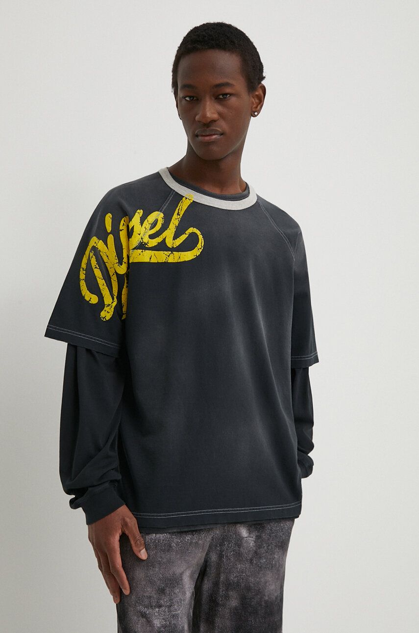 Diesel tricou din bumbac T-ROXT-SLITS bărbați, culoarea gri, cu imprimeu, A12925.0CLAE Diesel tricou din bumbac T-ROXT-SLITS bărbați, culoarea gri, cu imprimeu, A12925.0CLAE