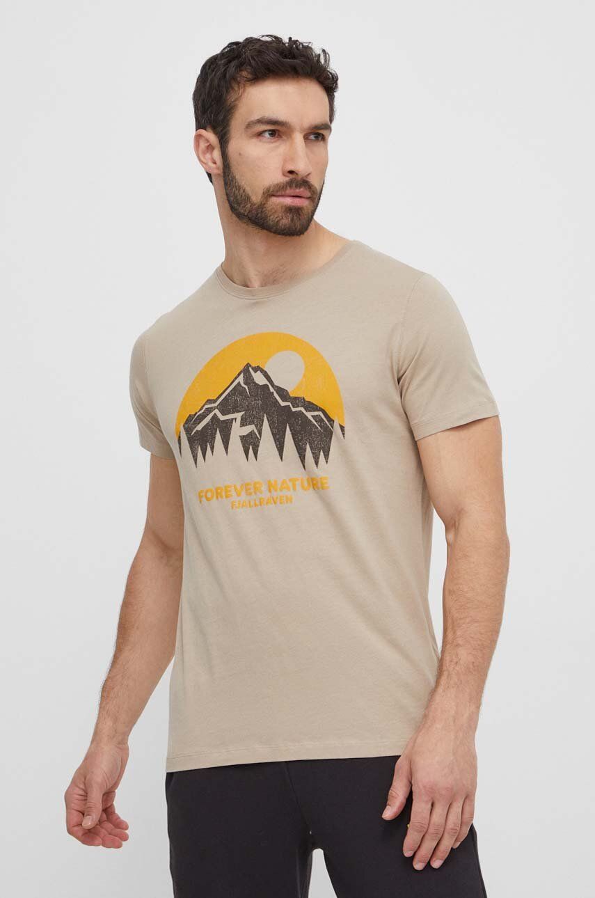 Fjallraven tricou din bumbac Nature barbati, culoarea bej, cu imprimeu, F87053 Fjallraven tricou din bumbac Nature barbati, culoarea bej, cu imprimeu, F87053