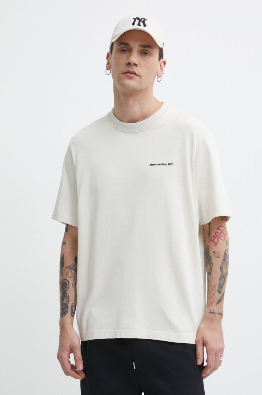 Abercrombie & Fitch tricou din bumbac barbati, culoarea bej, cu imprimeu Abercrombie & Fitch tricou din bumbac barbati, culoarea bej, cu imprimeu