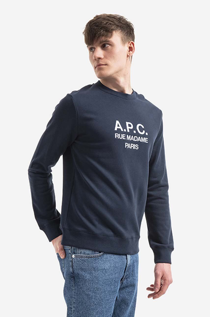 A.P.C. hanorac de bumbac Sweat Rufus bărbați, culoarea bleumarin, cu imprimeu COEBH.H27500-MARINE A.P.C. hanorac de bumbac Sweat Rufus bărbați, culoarea bleumarin, cu imprimeu COEBH.H27500-MARINE