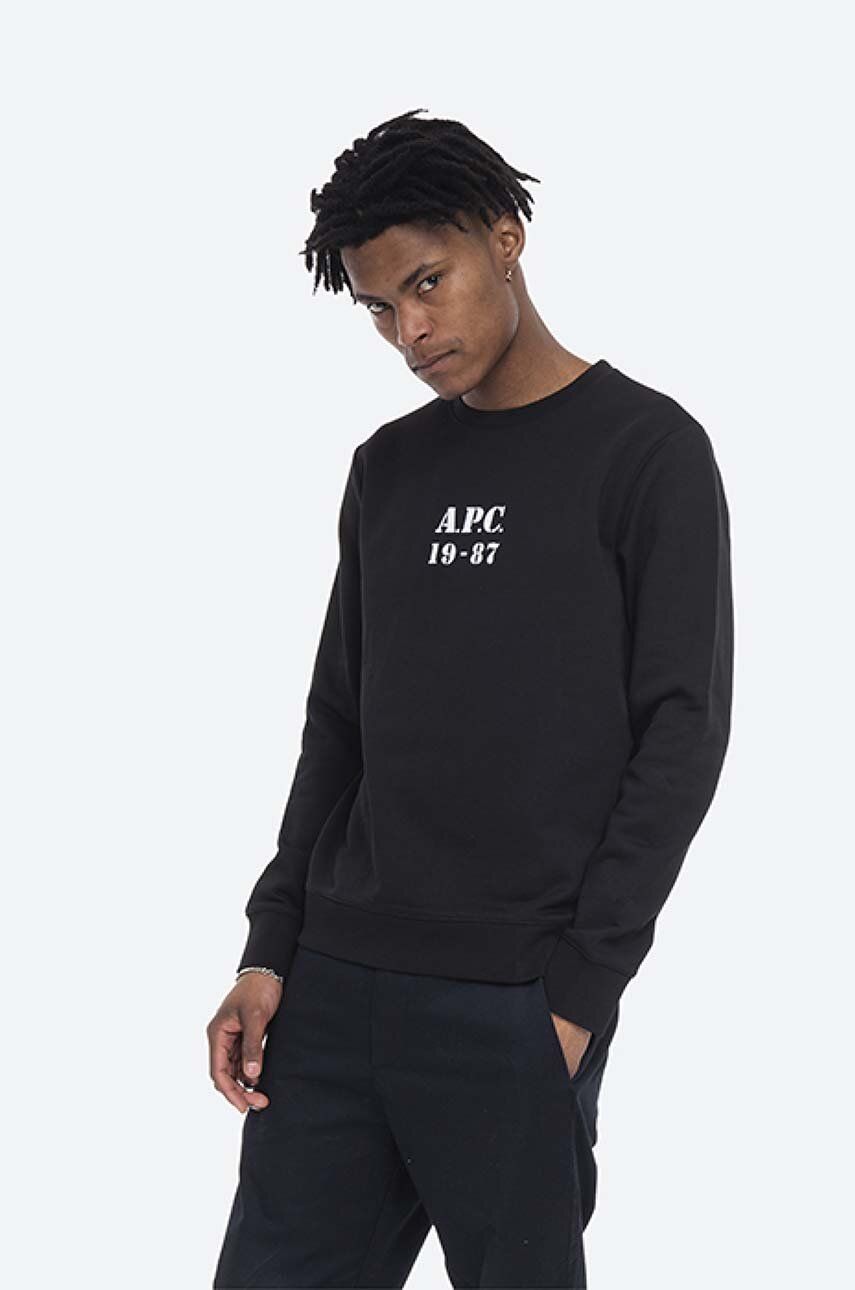 A.P.C. hanorac de bumbac Sweat Gaby bărbați, culoarea negru, cu imprimeu COECQ.H27609-HEATHEREDG A.P.C. hanorac de bumbac Sweat Gaby bărbați, culoarea negru, cu imprimeu COECQ.H27609-HEATHEREDG