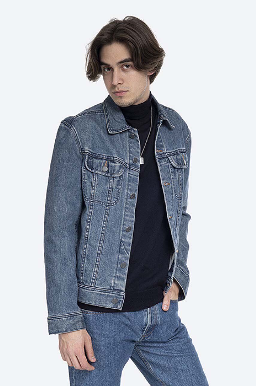 A.P.C. geacă din denim Veste Jean Us bărbați, culoarea bleumarin, de tranziție COZZK.H02223-INDIGO A.P.C. geacă din denim Veste Jean Us bărbați, culoarea bleumarin, de tranziție COZZK.H02223-INDIGO