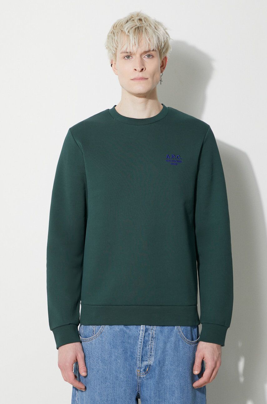 A.P.C. hanorac de bumbac Sweat Rider bărbați, culoarea verde, uni, COGVG.H27699.KAG A.P.C. hanorac de bumbac Sweat Rider bărbați, culoarea verde, uni, COGVG.H27699.KAG
