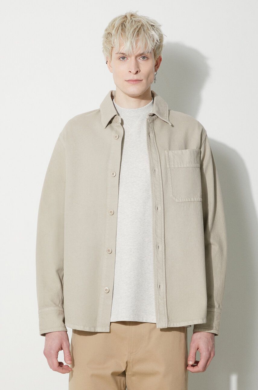 A.P.C. cămașă din bumbac Surchemise Basile Brodee Poitrine bărbați, culoarea bej, cu guler clasic, regular, COFCN.H02918.BAE A.P.C. cămașă din bumbac Surchemise Basile Brodee Poitrine bărbați, culoarea bej, cu guler clasic, regular, COFCN.H02918.BAE