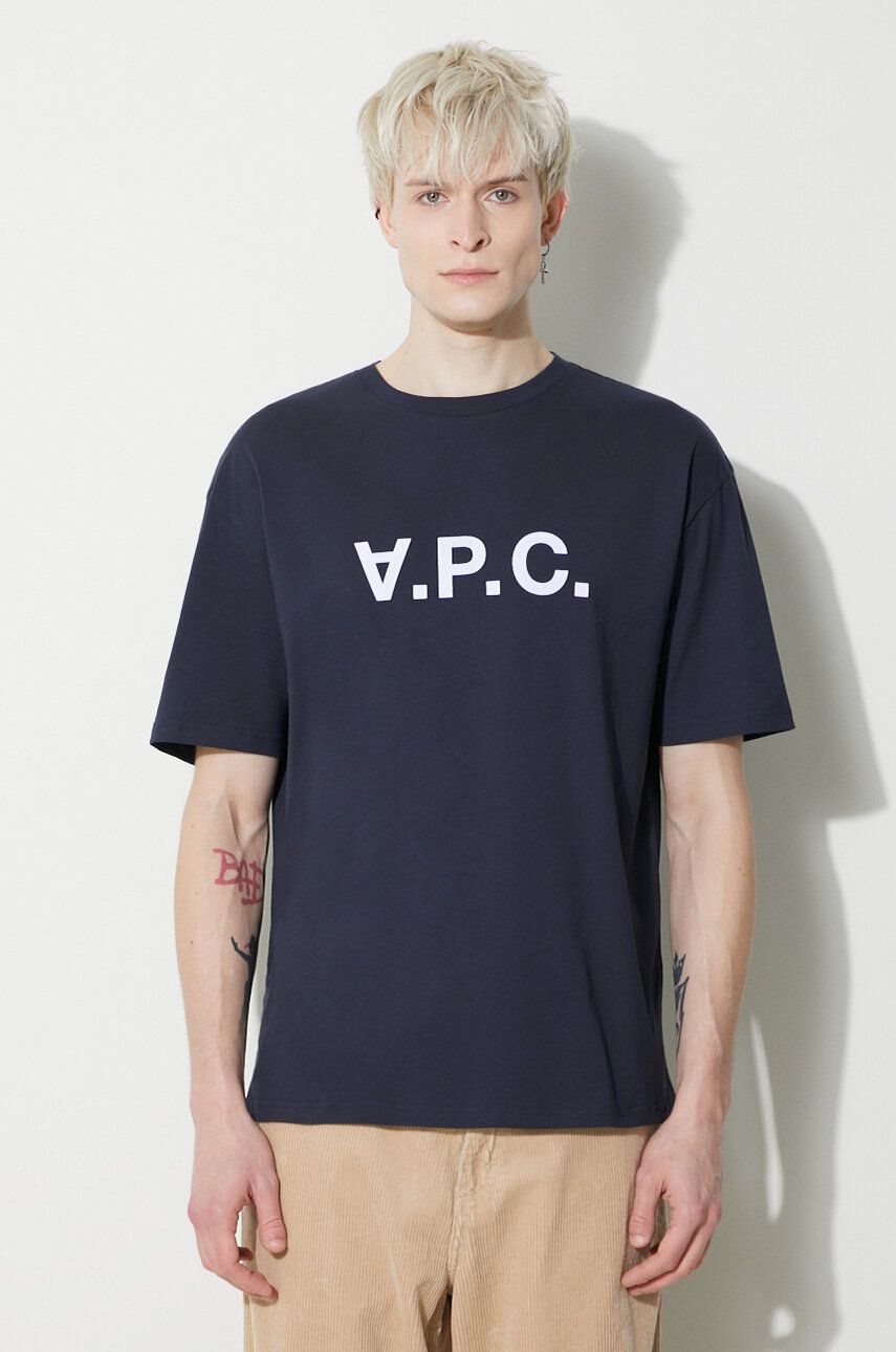 A.P.C. tricou din bumbac T-Shirt River bărbați, culoarea bleumarin, cu imprimeu, COFDW.H26324.IAK A.P.C. tricou din bumbac T-Shirt River bărbați, culoarea bleumarin, cu imprimeu, COFDW.H26324.IAK