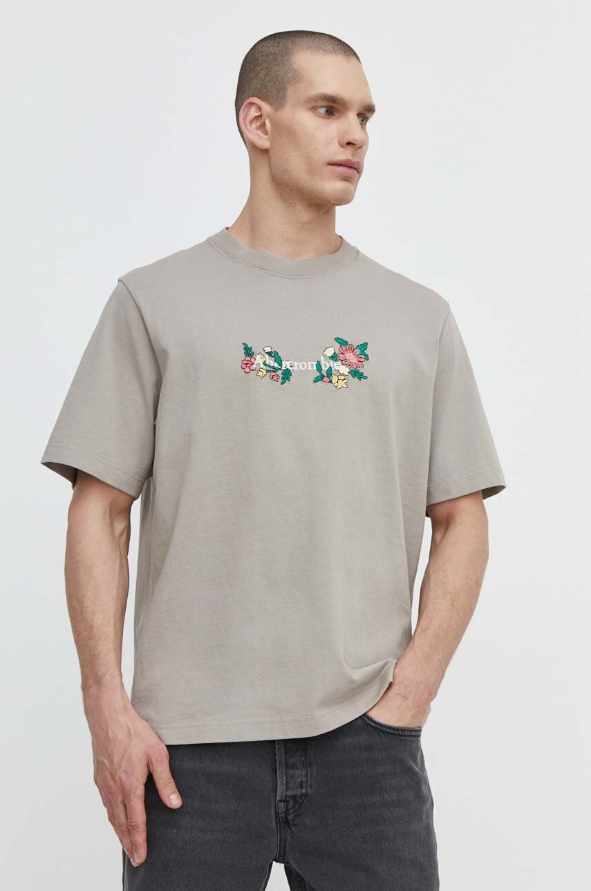 Abercrombie & Fitch tricou din bumbac barbati, culoarea bej, cu imprimeu Abercrombie & Fitch tricou din bumbac barbati, culoarea bej, cu imprimeu