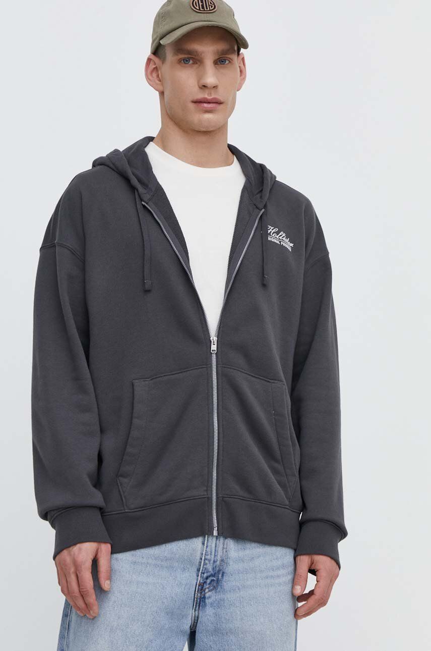 Hollister Co. bluza barbati, culoarea gri, cu glugă, cu imprimeu Hollister Co. bluza barbati, culoarea gri, cu glugă, cu imprimeu