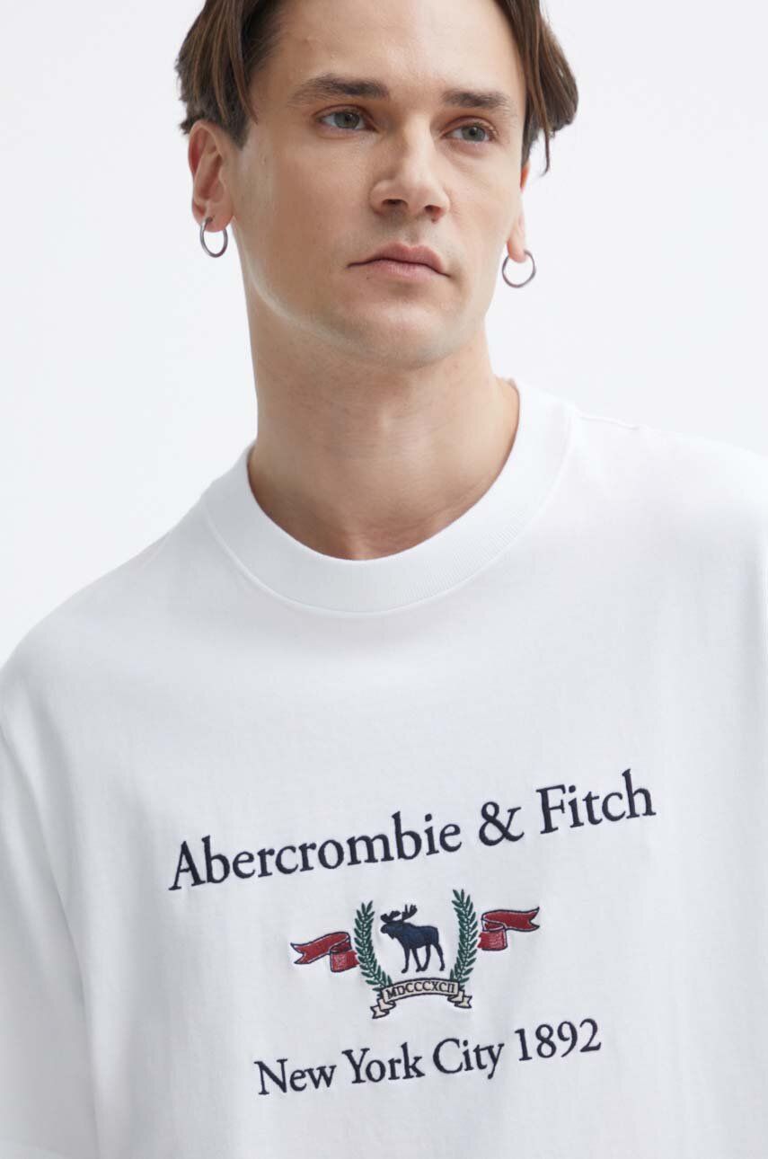 Abercrombie & Fitch tricou din bumbac barbati, culoarea alb, cu imprimeu Abercrombie & Fitch tricou din bumbac barbati, culoarea alb, cu imprimeu
