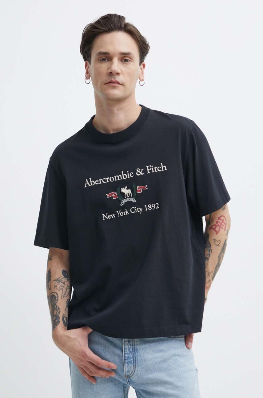 Abercrombie & Fitch tricou din bumbac barbati, culoarea negru, cu imprimeu Abercrombie & Fitch tricou din bumbac barbati, culoarea negru, cu imprimeu
