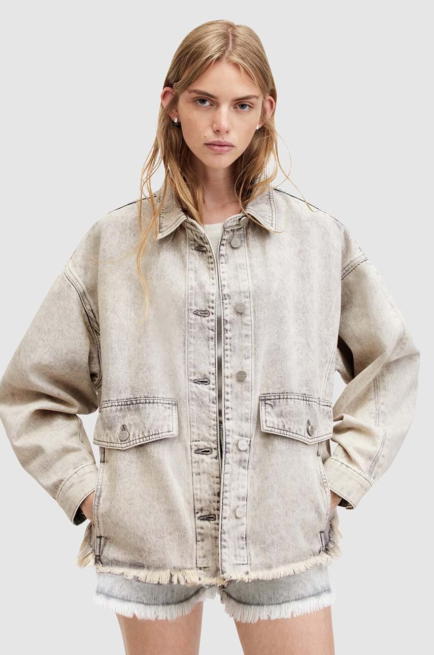 AllSaints geaca jeans HETTIE DENIM SHACKET femei, culoarea gri, de tranzitie, oversize, W033PA AllSaints geaca jeans HETTIE DENIM SHACKET femei, culoarea gri, de tranzitie, oversize, W033PA