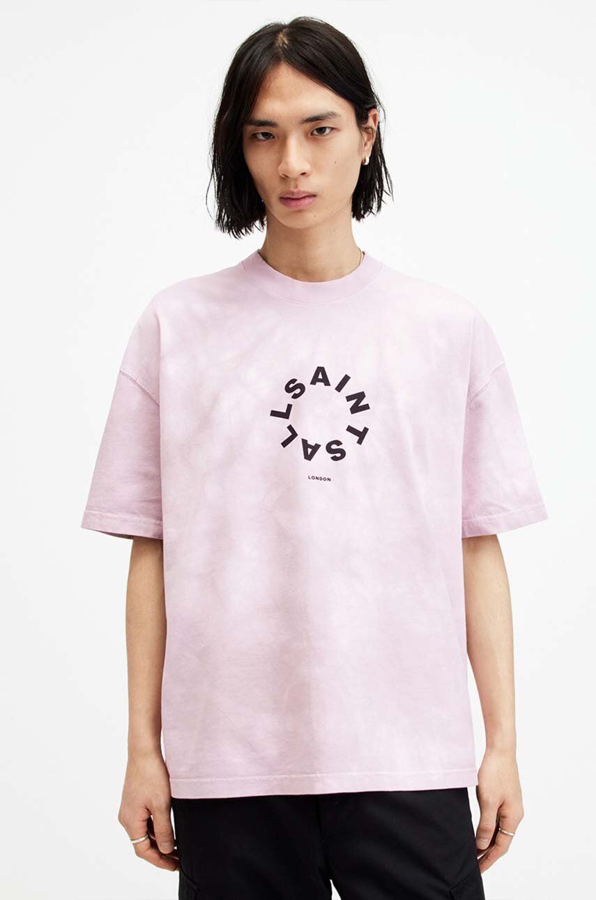 AllSaints tricou din bumbac TIERRA TD SS CREW barbati, culoarea roz, cu imprimeu, M016PA AllSaints tricou din bumbac TIERRA TD SS CREW barbati, culoarea roz, cu imprimeu, M016PA