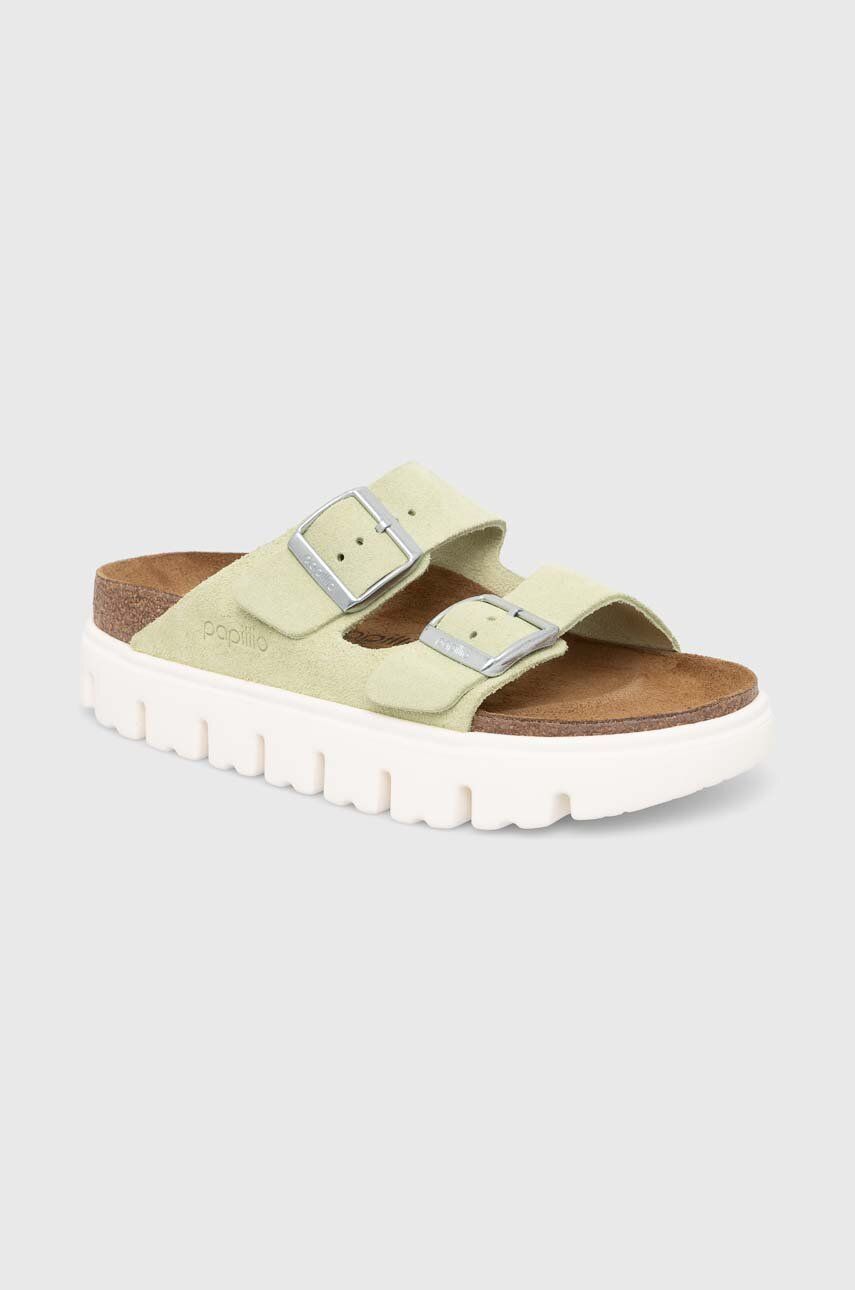 Birkenstock papuci din piele BIRKENSTOCK X PAPILLIO Arizona Chunky femei, culoarea verde, 1026888 Birkenstock papuci din piele BIRKENSTOCK X PAPILLIO Arizona Chunky femei, culoarea verde, 1026888