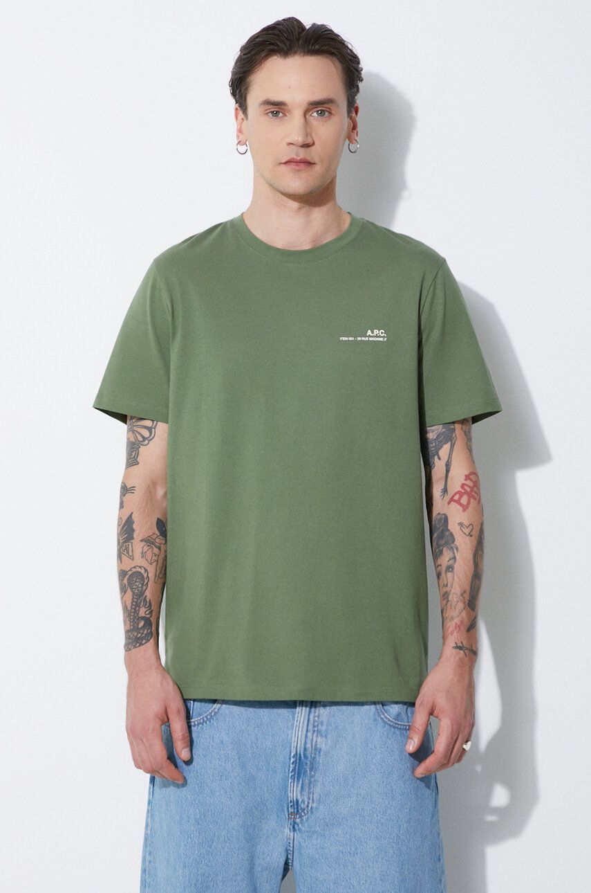 A.P.C. tricou din bumbac item barbati, culoarea verde, cu imprimeu, COFBT-H26904 A.P.C. tricou din bumbac item barbati, culoarea verde, cu imprimeu, COFBT-H26904