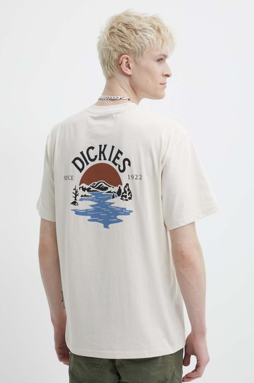 Dickies tricou din bumbac BEACH TEE SS barbati, culoarea bej, cu imprimeu, DK0A4YRD Dickies tricou din bumbac BEACH TEE SS barbati, culoarea bej, cu imprimeu, DK0A4YRD