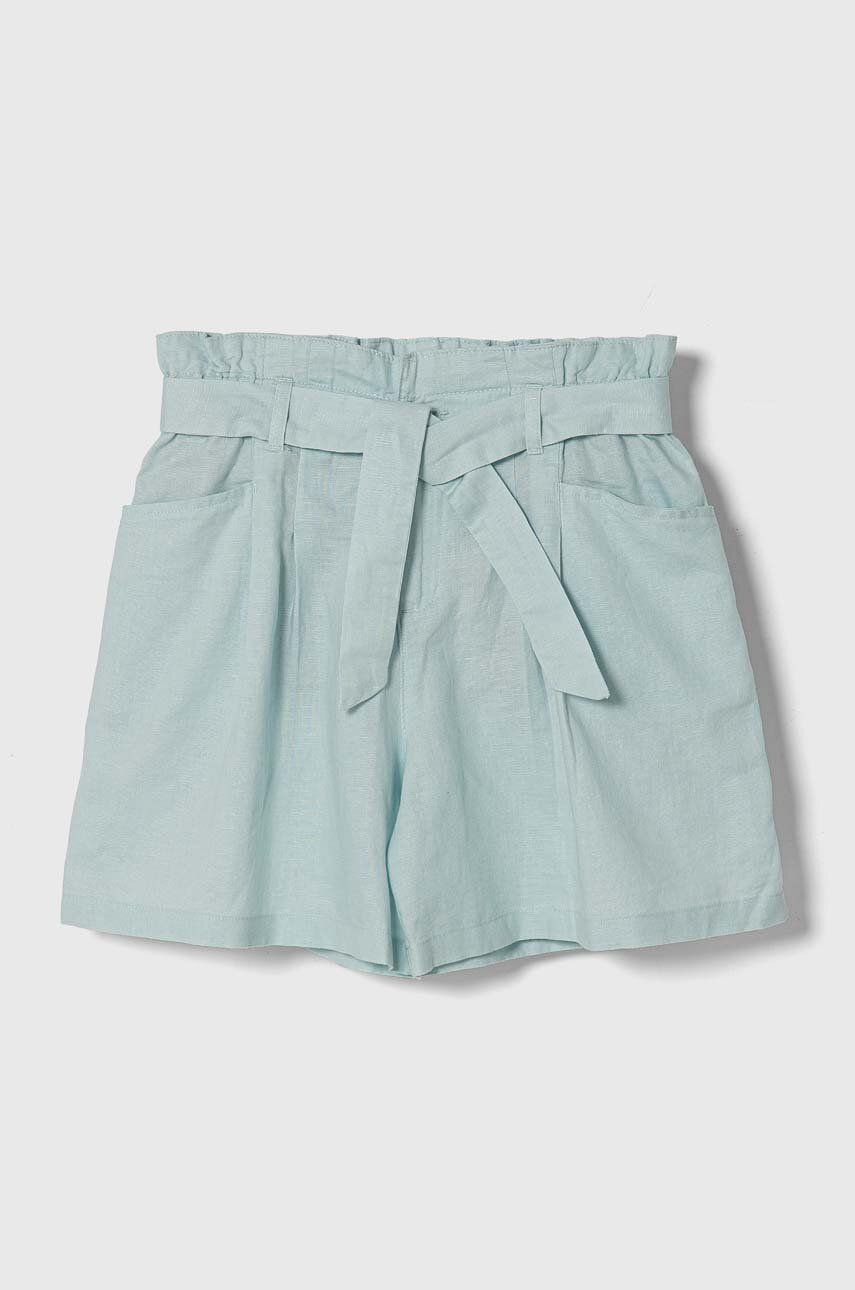 United Colors of Benetton pantaloni scurți de in pentru copii culoarea turcoaz, neted, talie reglabila United Colors of Benetton pantaloni scurți de in pentru copii culoarea turcoaz, neted, talie reglabila