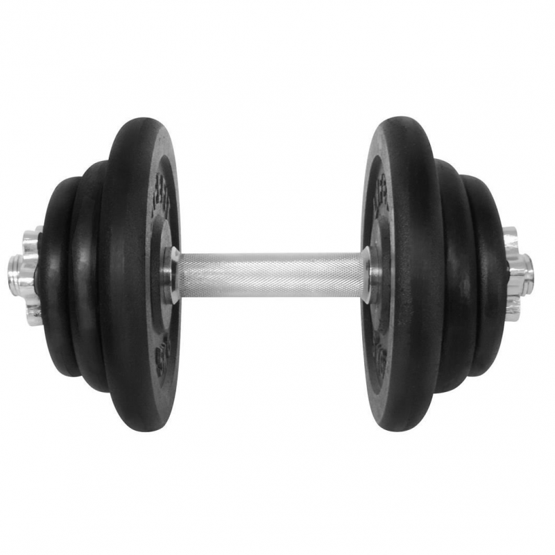 Gantera 20 kg, set 6 discuri, argintiu/negru, din otel, sigurantele incluse in set, 35x22x22 cm Gantera 20 kg, set 6 discuri, argintiu/negru, din otel, sigurantele incluse in set, 35x22x22 cm
