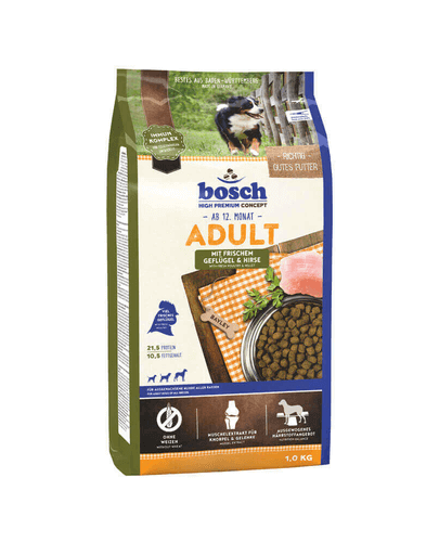 BOSCH Adult Hrana uscata pentru caini adulti, cu pasare si mei 1 kg BOSCH Adult Hrana uscata pentru caini adulti, cu pasare si mei 1 kg