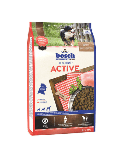 BOSCH Active Hrana uscata pentru caini adulti activi, cu carne de pasare 3 kg BOSCH Active Hrana uscata pentru caini adulti activi, cu carne de pasare 3 kg
