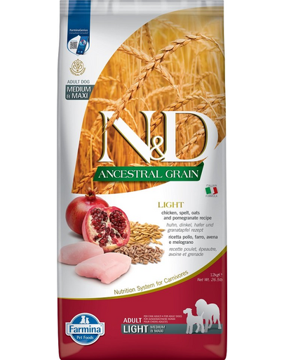 FARMINA N&D Low Grain Light Adult Medium/Maxi Sac hrana uscata pentru caini talie medie sau mare, cu pui si rodie 12 kg FARMINA N&D Low Grain Light Adult Medium/Maxi Sac hrana uscata pentru caini talie medie sau mare, cu pui si rodie 12 kg