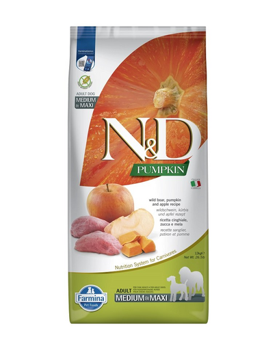FARMINA N&D Pumpkin Adult Medium & Maxi Hrana uscata caini talie medie si mare, cu mistret si mar 12 kg FARMINA N&D Pumpkin Adult Medium & Maxi Hrana uscata caini talie medie si mare, cu mistret si mar 12 kg