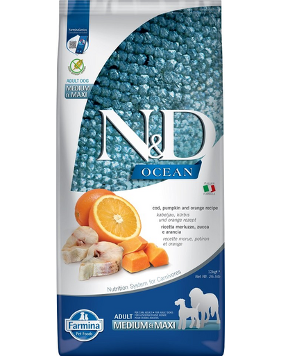FARMINA N&D Dog Ocean Adult Medium &Maxi Hrana uscata pentru caini de talie medie si mare, cu cod si dovleac 12 kg FARMINA N&D Dog Ocean Adult Medium &Maxi Hrana uscata pentru caini de talie medie si mare, cu cod si dovleac 12 kg