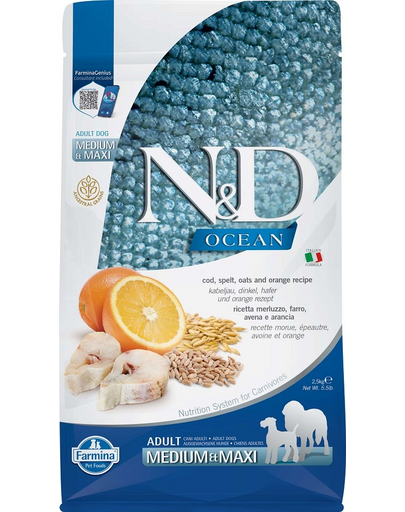 FARMINA N&D Ocean Adult Medium/MaxiHrana caini adulti, cu cod, portocala, ovaz 2,5 kg FARMINA N&D Ocean Adult Medium/MaxiHrana caini adulti, cu cod, portocala, ovaz 2,5 kg