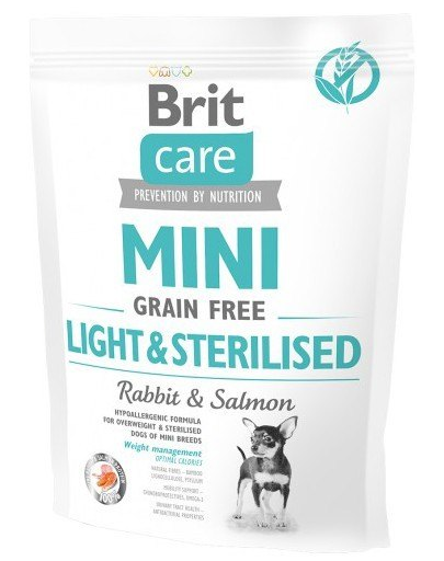 BRIT Care Grain Free Mini Light&Sterilised hrana uscata caini adulti talie mica cu tendinta de ingrasare, somon si iepure 400g BRIT Care Grain Free Mini Light&Sterilised hrana uscata caini adulti talie mica cu tendinta de ingrasare, somon si iepure 400g