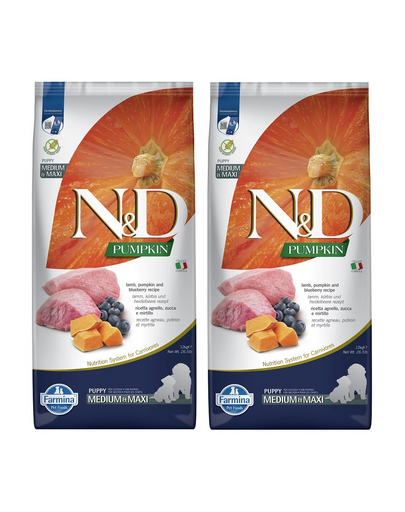 FARMINA N&D GF Puppy Medium&Maxi Pumpkin Lamb&Blueberry hrana uscata catei talie medie si mare, cu dovleac, miel si afine 24 kg (2 x 12 kg) FARMINA N&D GF Puppy Medium&Maxi Pumpkin Lamb&Blueberry hrana uscata catei talie medie si mare, cu dovleac, miel si afine 24 kg (2 x 12 kg)