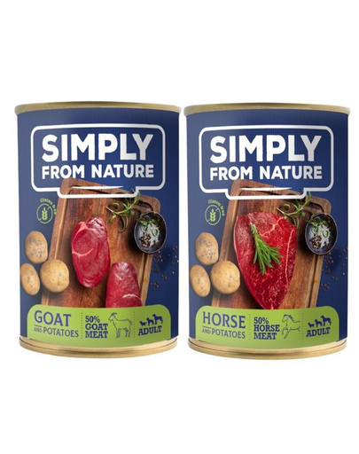 SIMPLY FROM NATURE Hrana umeda pentru caini, mix carne de cal si cartofi/carne de capra si cartofi 400 g x 12 buc. SIMPLY FROM NATURE Hrana umeda pentru caini, mix carne de cal si cartofi/carne de capra si cartofi 400 g x 12 buc.