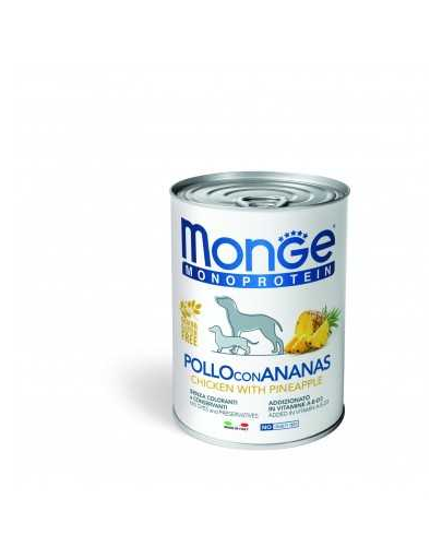 MONGE Fruit Dog Monoprotein hrana umeda pentru caini, cu pui si ananas 400g MONGE Fruit Dog Monoprotein hrana umeda pentru caini, cu pui si ananas 400g