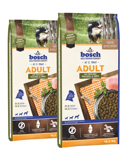 BOSCH Adult Hrana uscata pentru caini adulti, cu pasare si mei 30 kg (2 x 15 kg) BOSCH Adult Hrana uscata pentru caini adulti, cu pasare si mei 30 kg (2 x 15 kg)