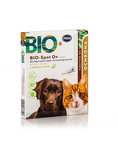 PESS BIO Spot-on picaturi protectie antiparazitara pentru caini mici si pisici, cu ulei de neem 4x1 g PESS BIO Spot-on picaturi protectie antiparazitara pentru caini mici si pisici, cu ulei de neem 4x1 g